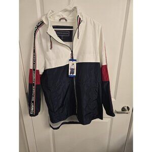 Tommy Hilfiger Red White Blue Color Block Zip Snap Jacket Hooded Women’s L Logo